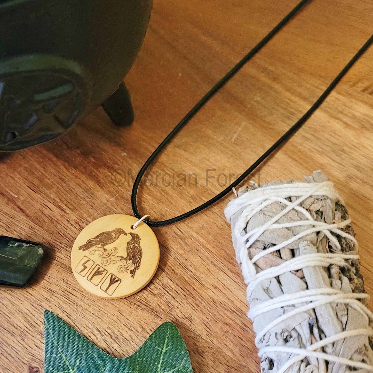 Odin's Ravens Pendant Necklace on Black Cord, Pagan Jewellery for Wiccan, Witch or Druid