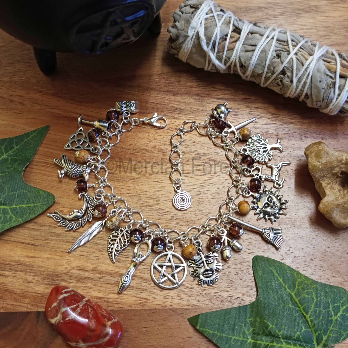 Pagan Ways Charm Bracelet with Picture Jasper and Glass Beads