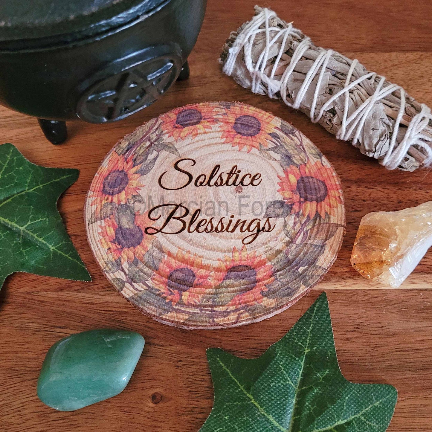 Solstice Blessings altar tile with sunflowers
