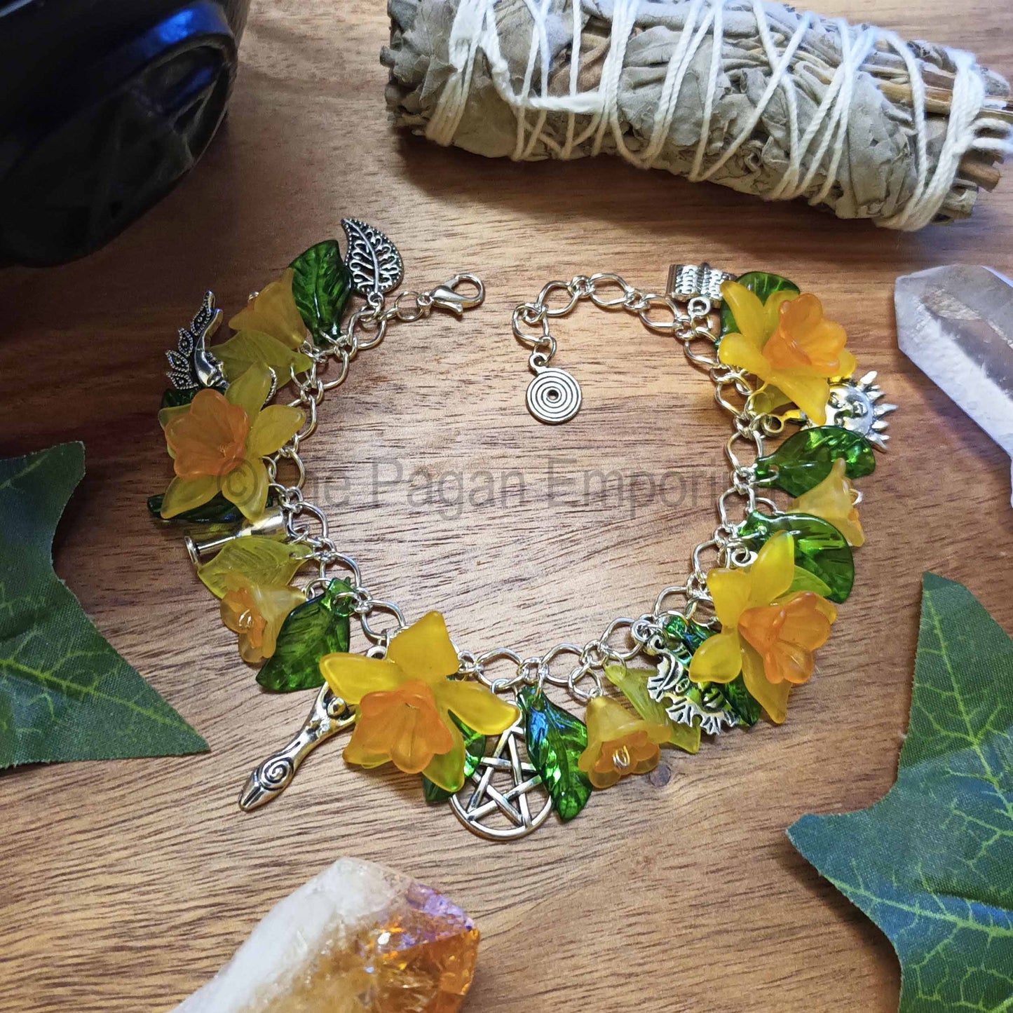 Wiccan Witch Charm Bracelet with Daffodils