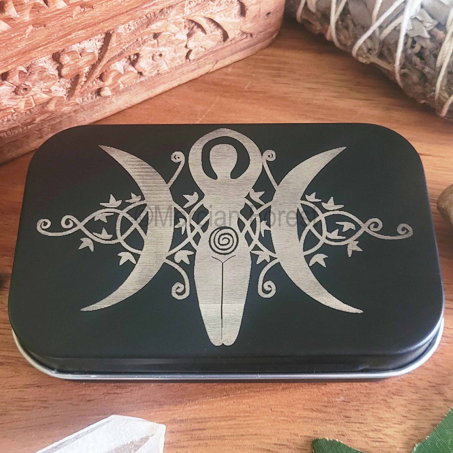 Triple Goddess Altar Tin, Mini Travel Altar Tin, Offering Box, Witchcraft box