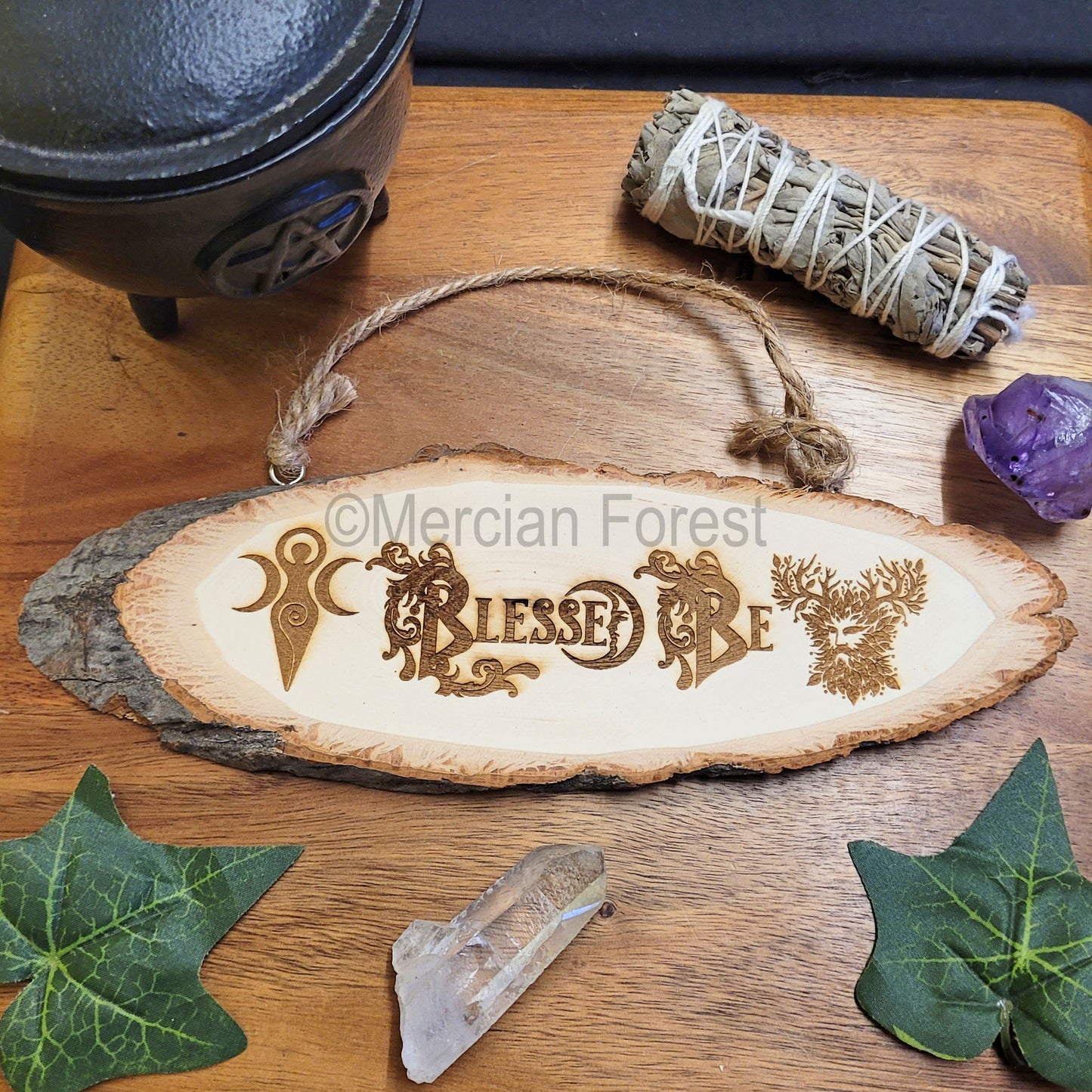 Goddess and Horned God Blessed Be Hanging Sign