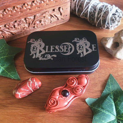 Blessed Be Tin with Triskele Altar Goddess