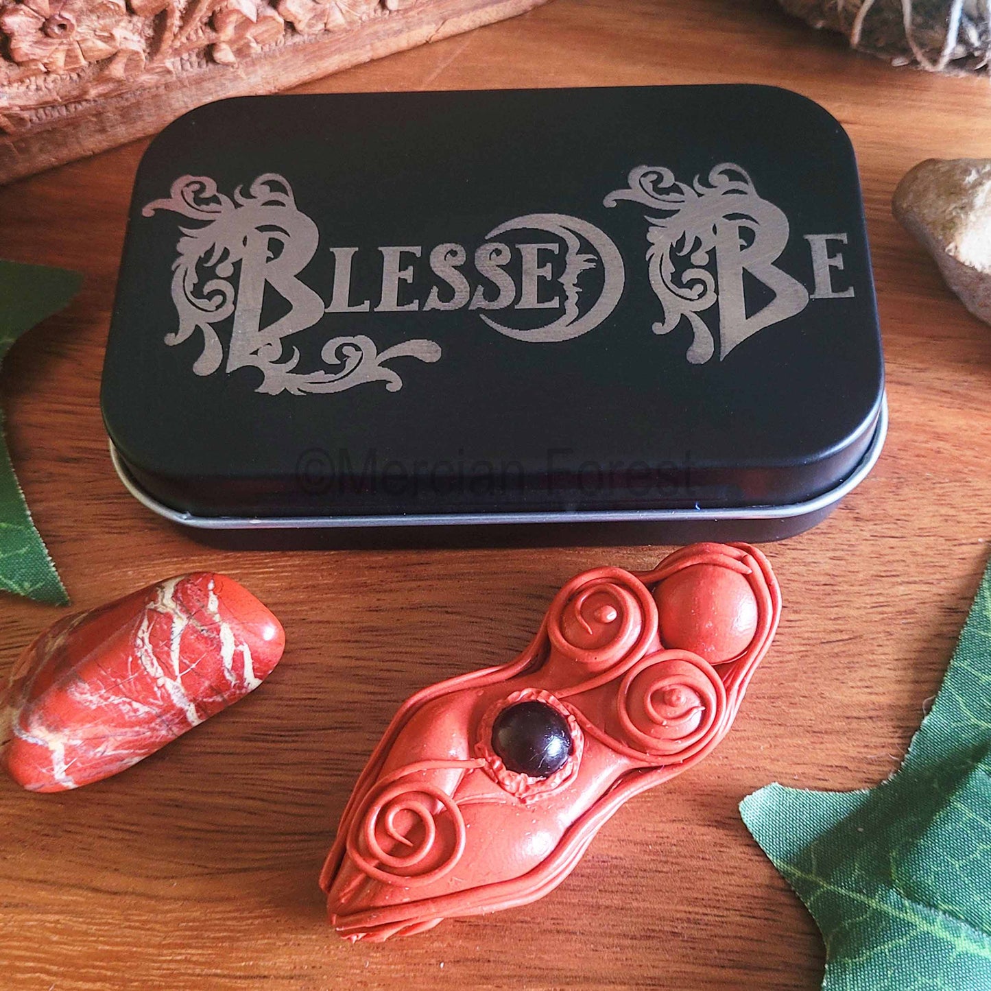 Blessed Be Tin with Triskele Altar Goddess