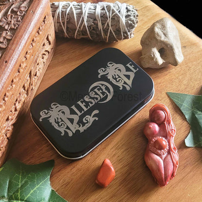 Blessed Be engraved tin with Tranquillity Altar Goddess