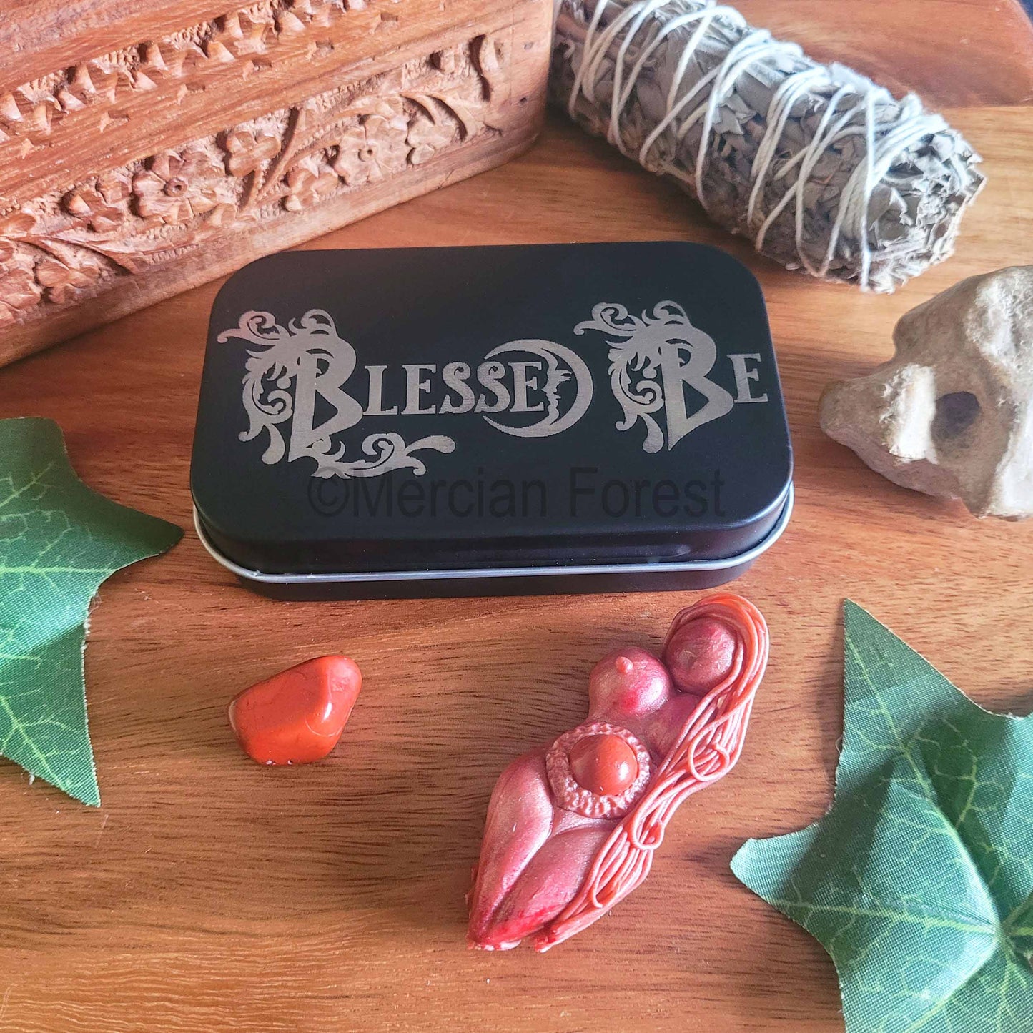 Blessed Be engraved tin with Tranquillity Altar Goddess