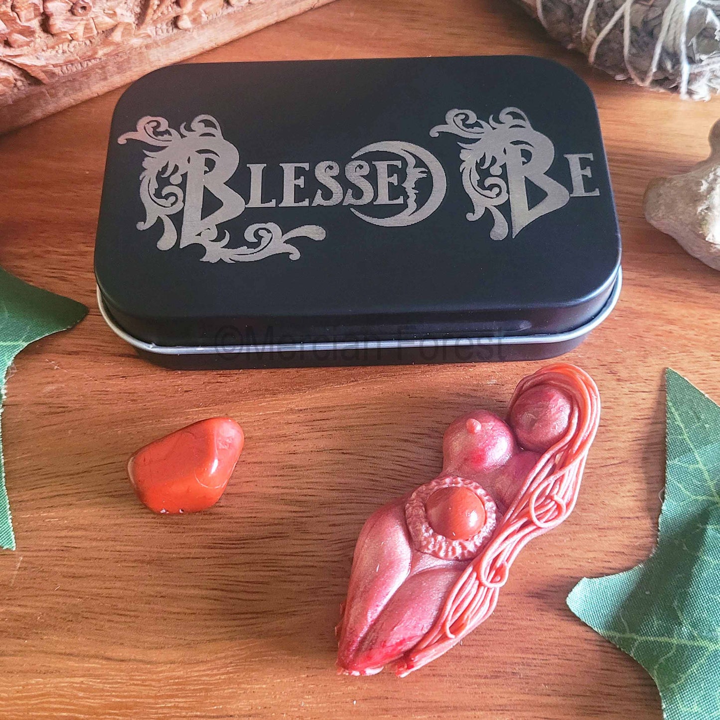 Blessed Be engraved tin with Tranquillity Altar Goddess