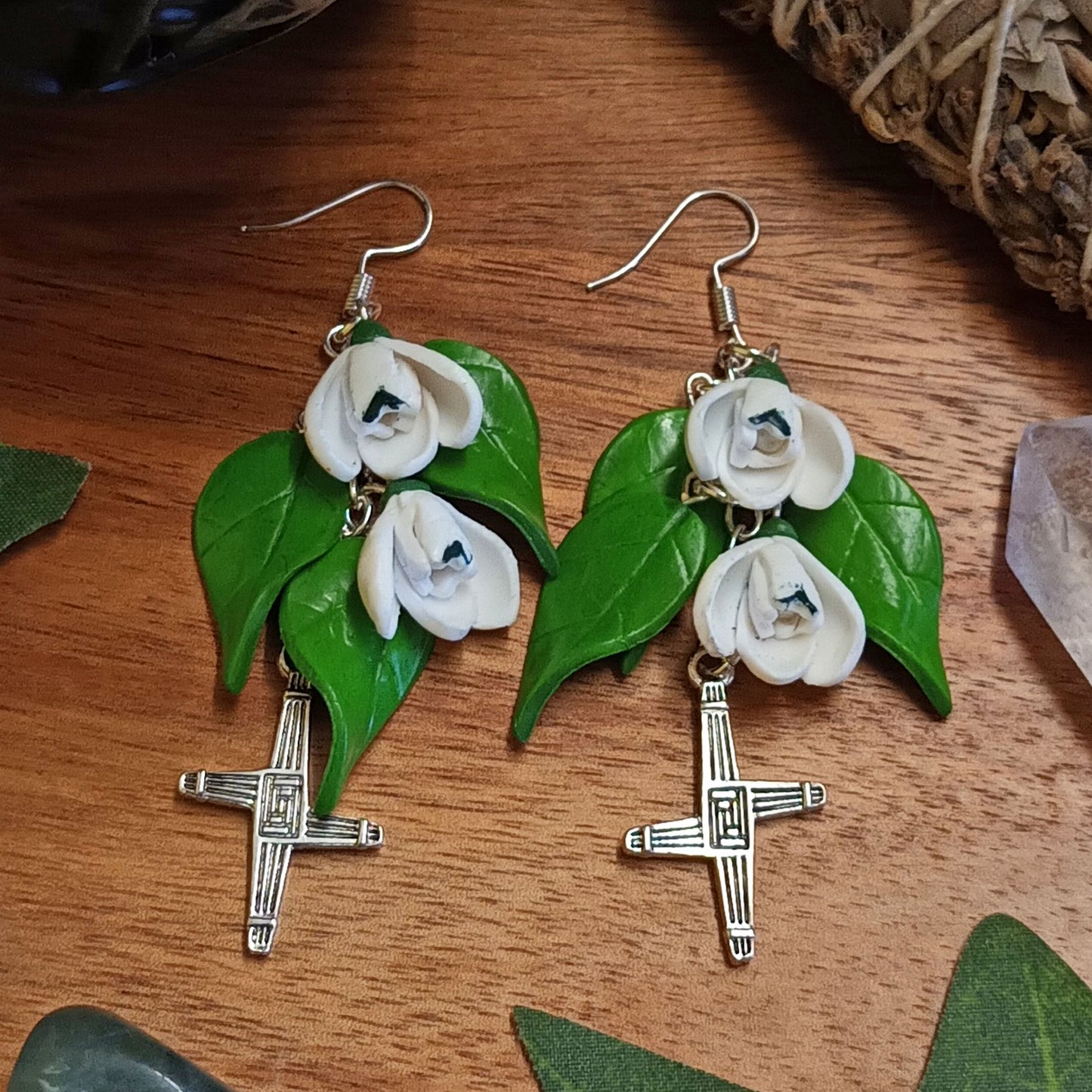 Imbolc Brigids Cross Snowdrop Earrings