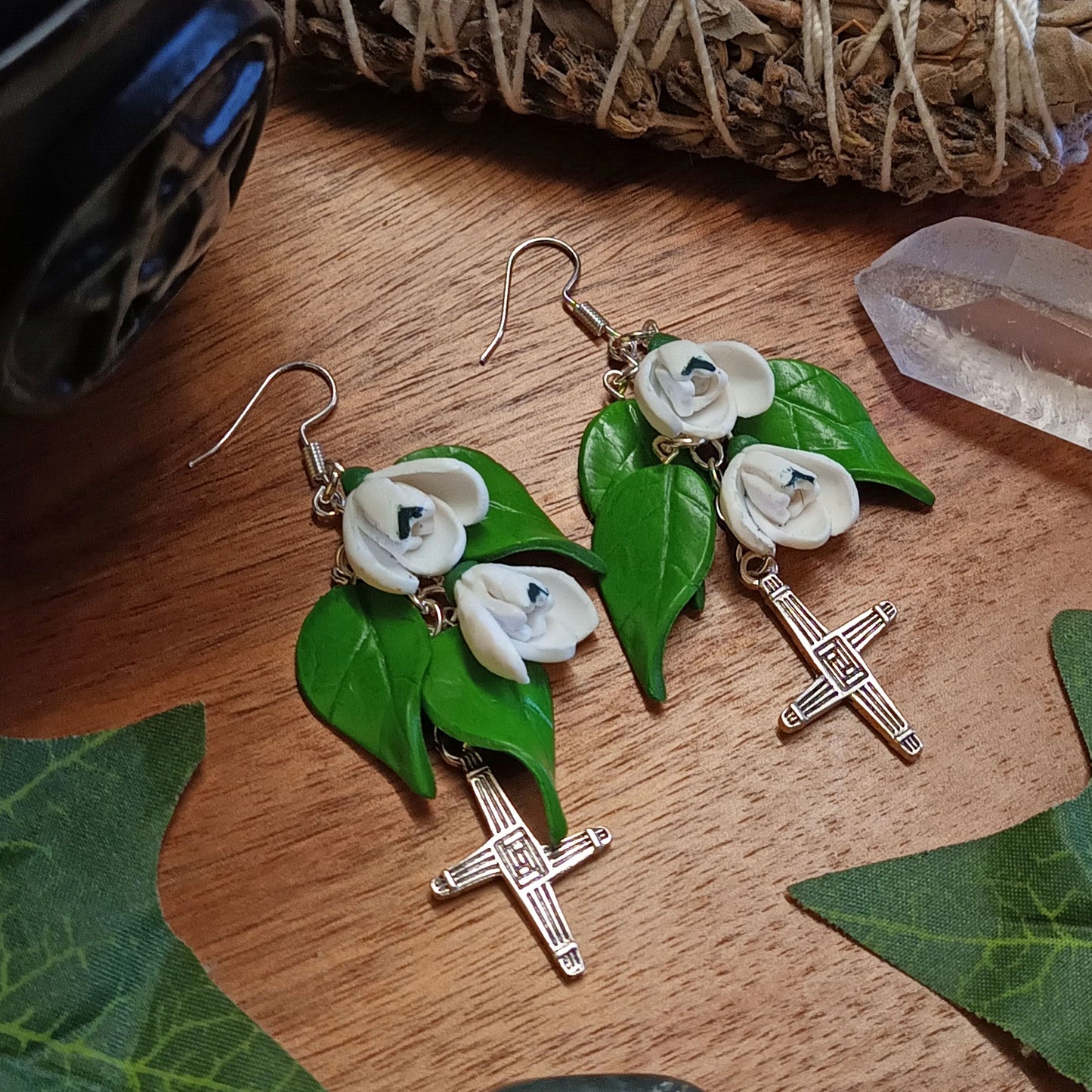 Imbolc Brigids Cross Snowdrop Earrings