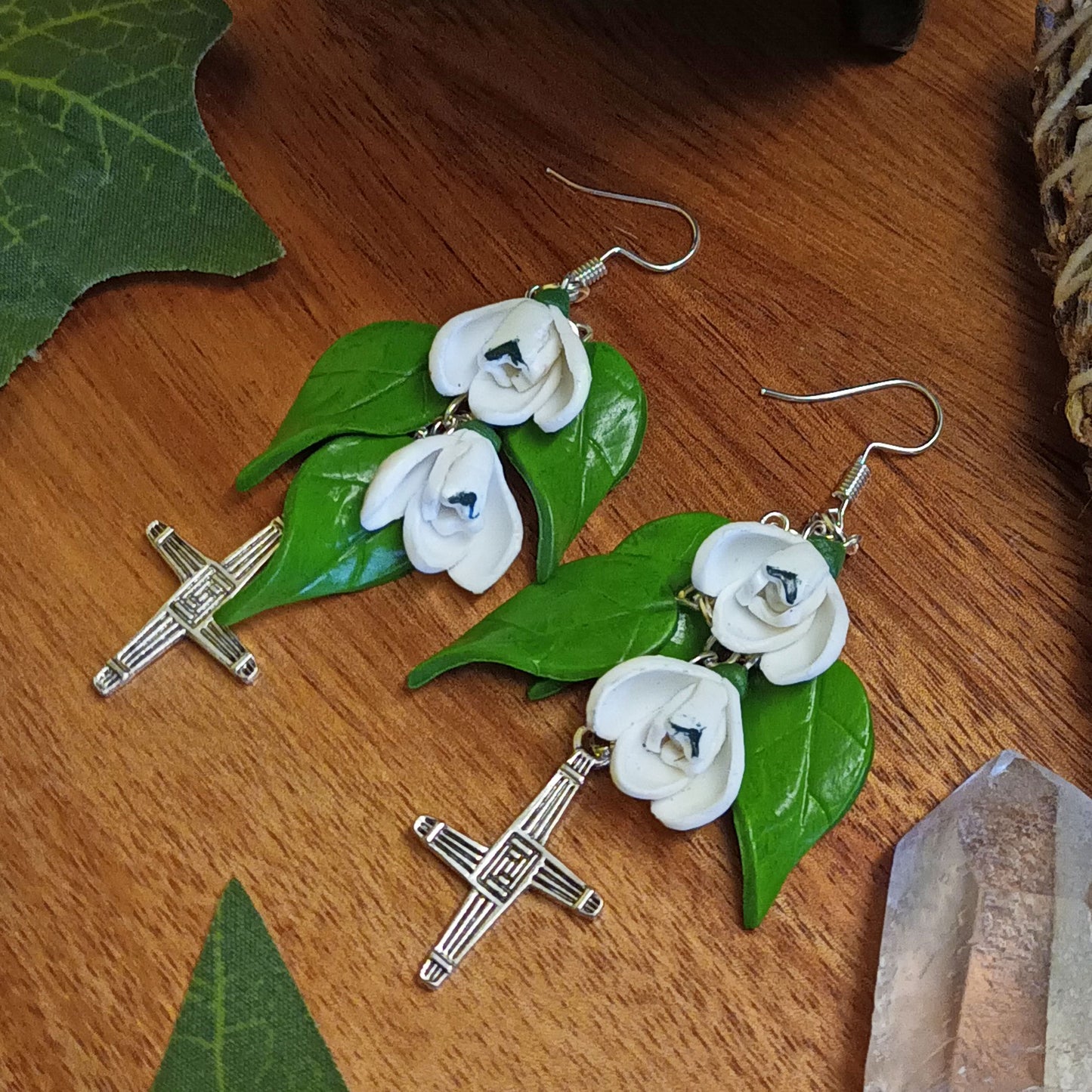 Imbolc Brigids Cross Snowdrop Earrings