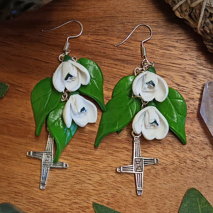 Imbolc Brigids Cross Snowdrop Earrings