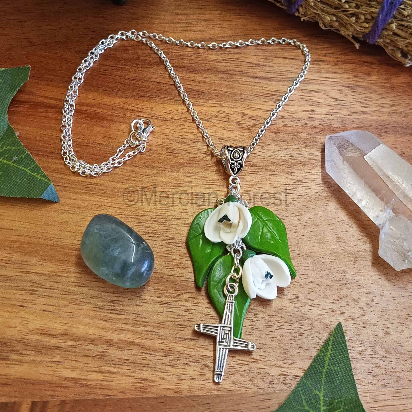 Imbolc Brigids Cross Snowdrop Pendant Necklace