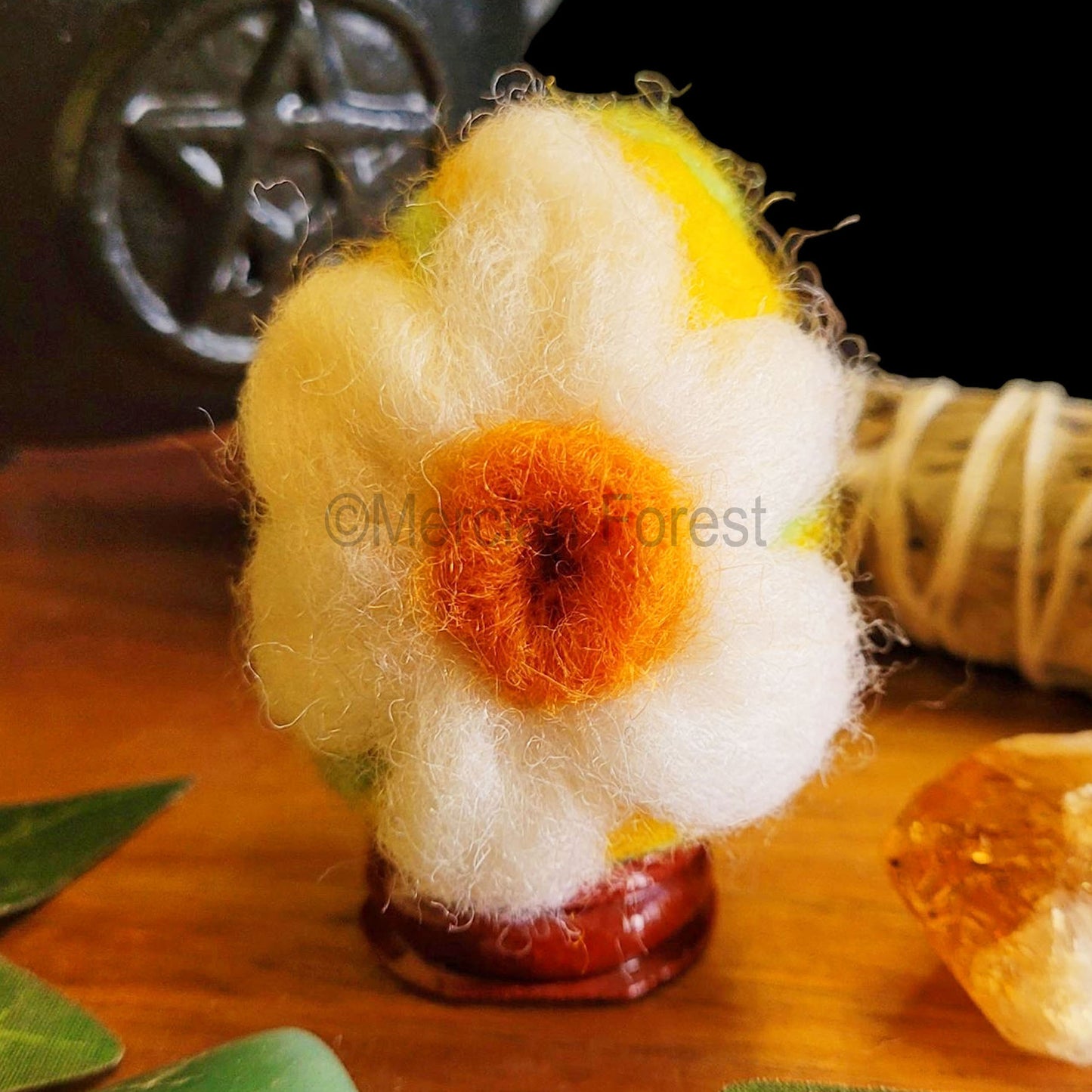 Ostara Needle Felted Woollen Egg Decoration, with Narcissus Daffodil and Spiral formations, Handmade, Spring Equinox Wiccan, Witch, Druid