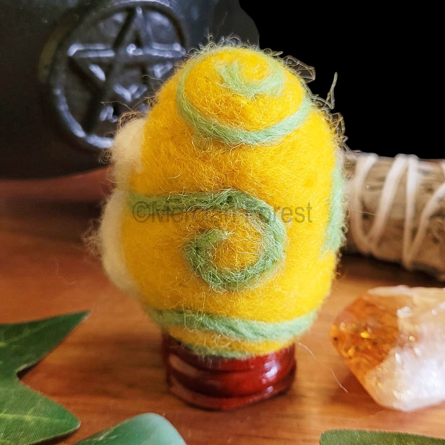 Ostara Needle Felted Woollen Egg Decoration, with Narcissus Daffodil and Spiral formations, Handmade, Spring Equinox Wiccan, Witch, Druid