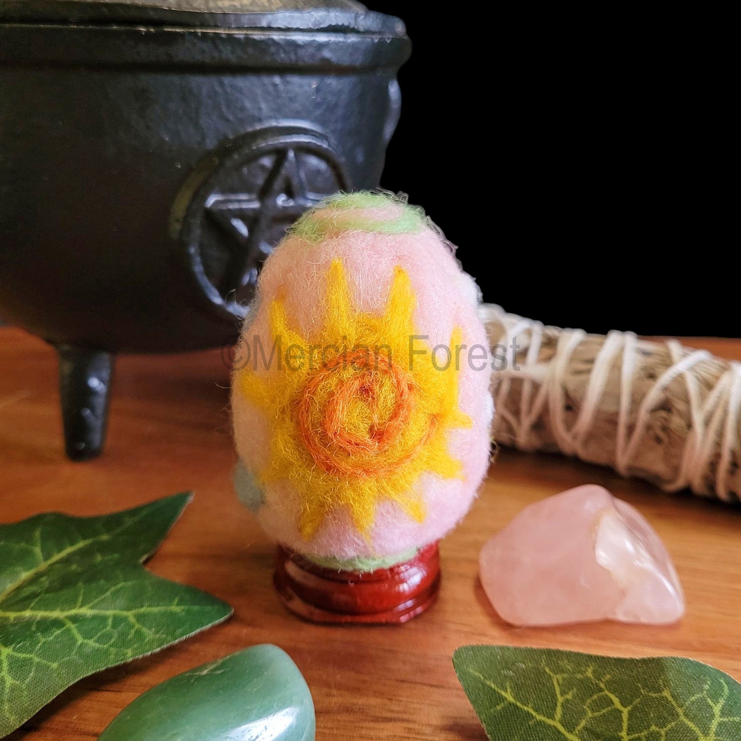 Ostara Needle Felted Woollen Egg Decoration, Sun, Moon and beautiful spring buds, Handmade, Spring Equinox