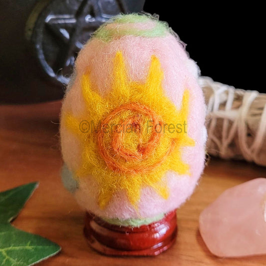 Ostara Needle Felted Woollen Egg Decoration, Sun, Moon and beautiful spring buds, Handmade, Spring Equinox