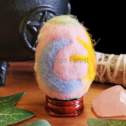 Ostara Needle Felted Woollen Egg Decoration, Sun, Moon and beautiful spring buds, Handmade, Spring Equinox