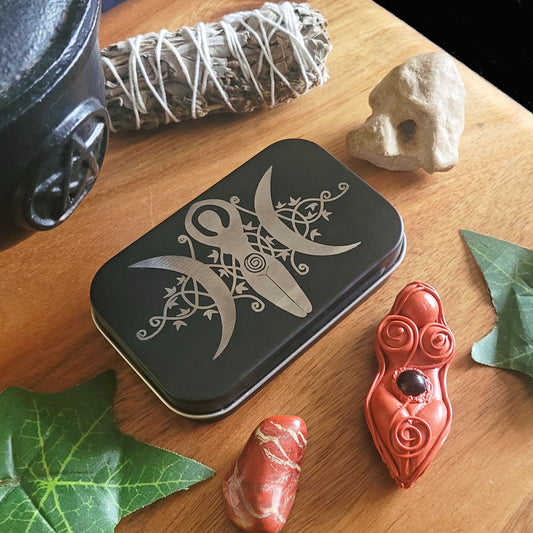 Triple Goddess engraved tin with Triskele Goddess