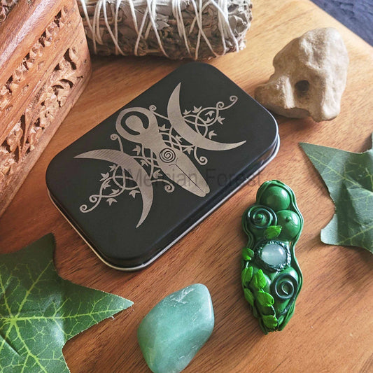 Triple Goddess engraved tin with Gaia Goddess