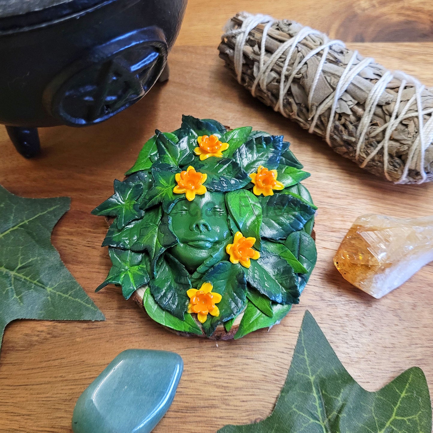 Greenwoman Ostara Altar Tile with Daffodils