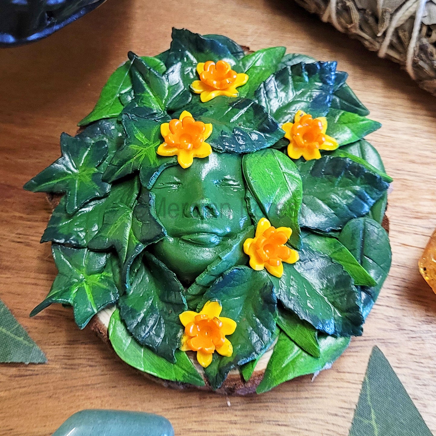 Greenwoman Ostara Altar Tile with Daffodils