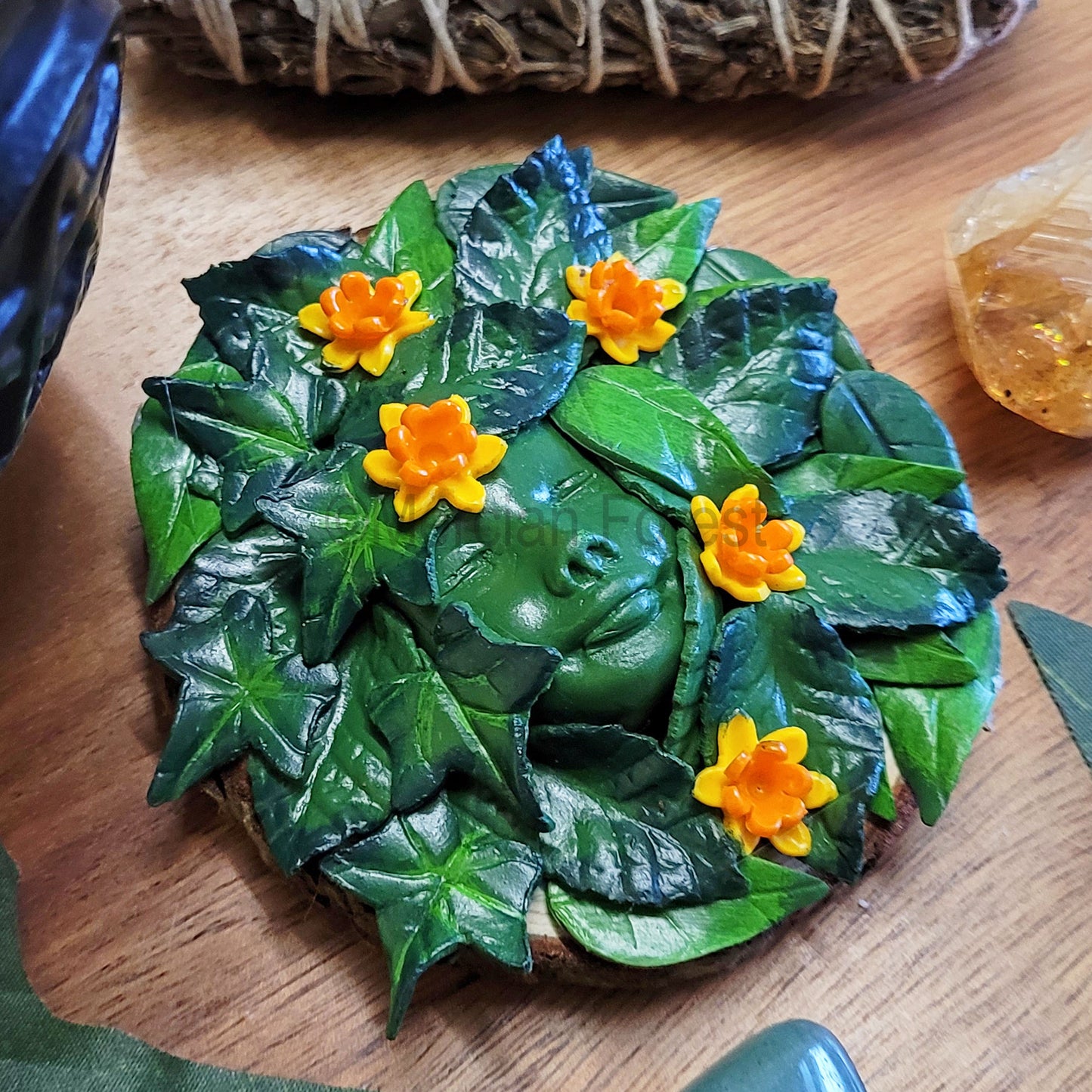 Greenwoman Ostara Altar Tile with Daffodils