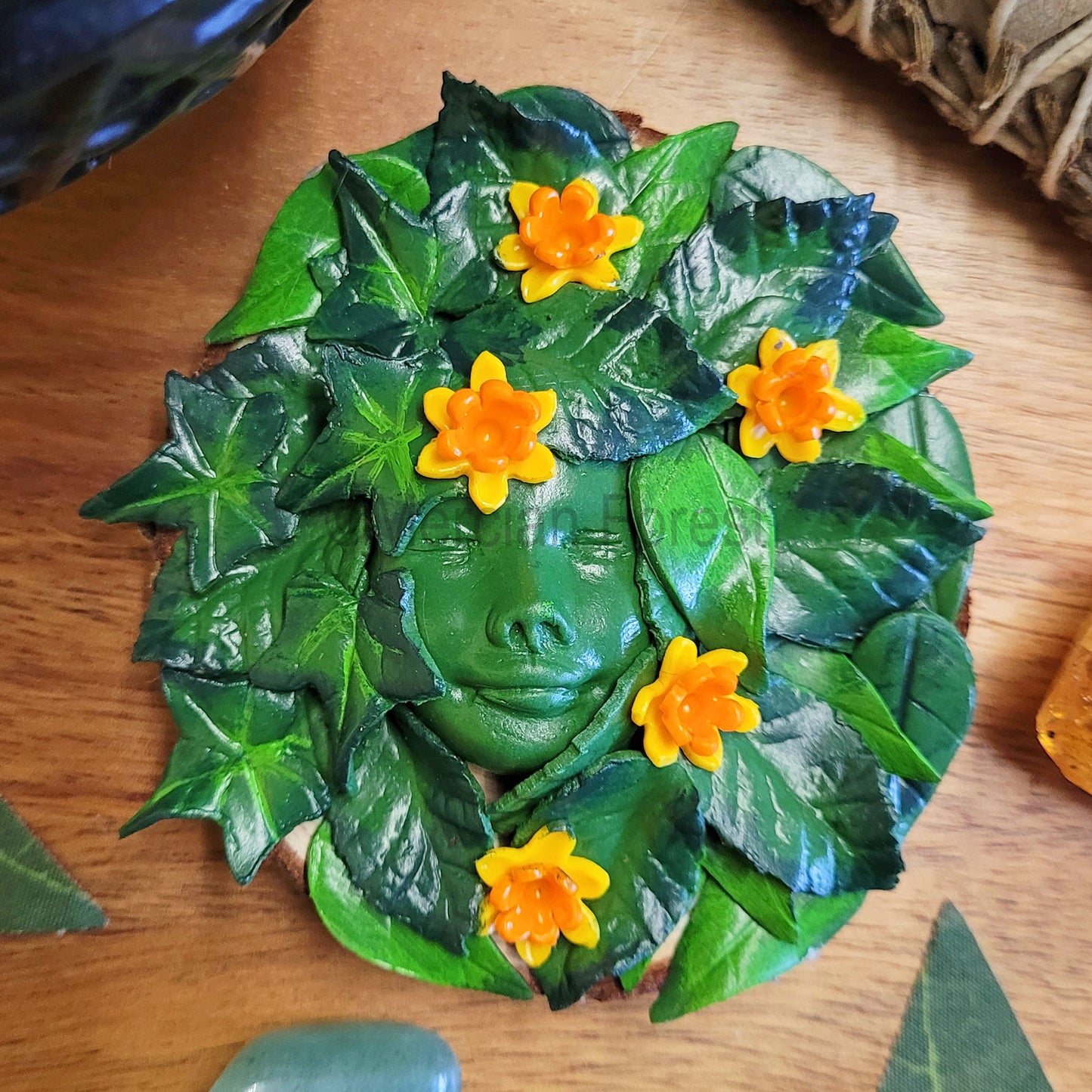 Greenwoman Ostara Altar Tile with Daffodils