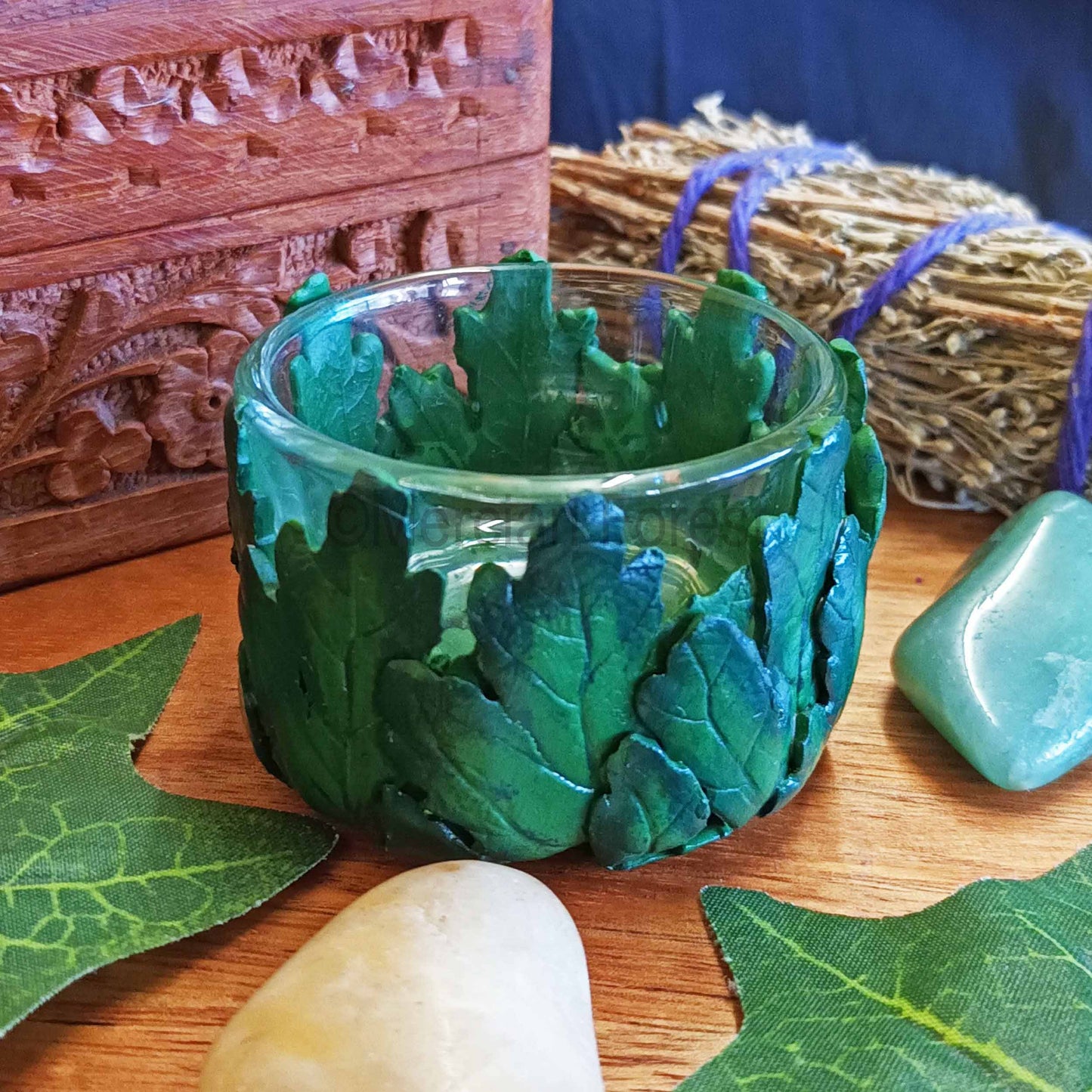 Beltane Altar Candle Hawthorn Leaf Tealight Holder