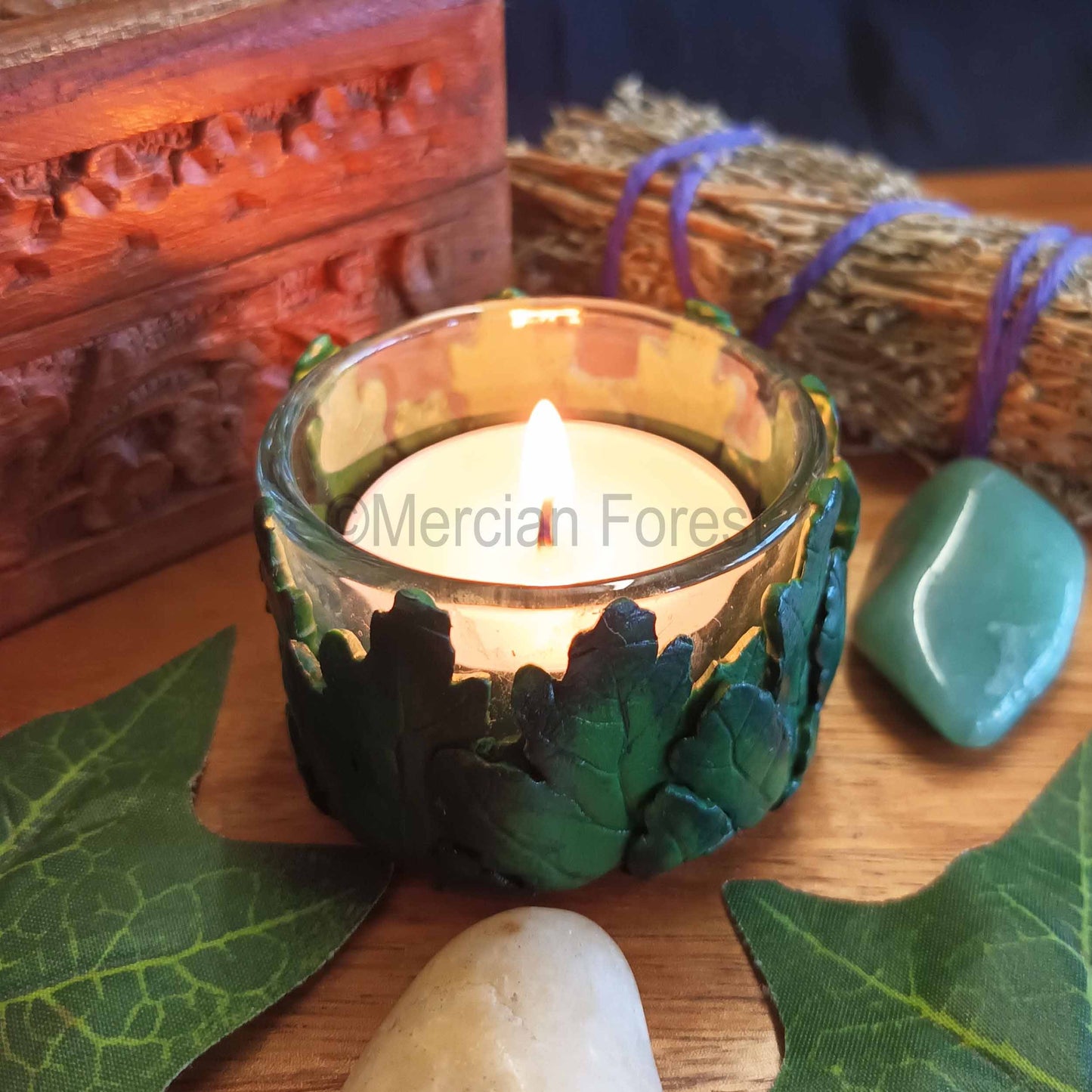 Beltane Altar Candle Hawthorn Leaf Tealight Holder