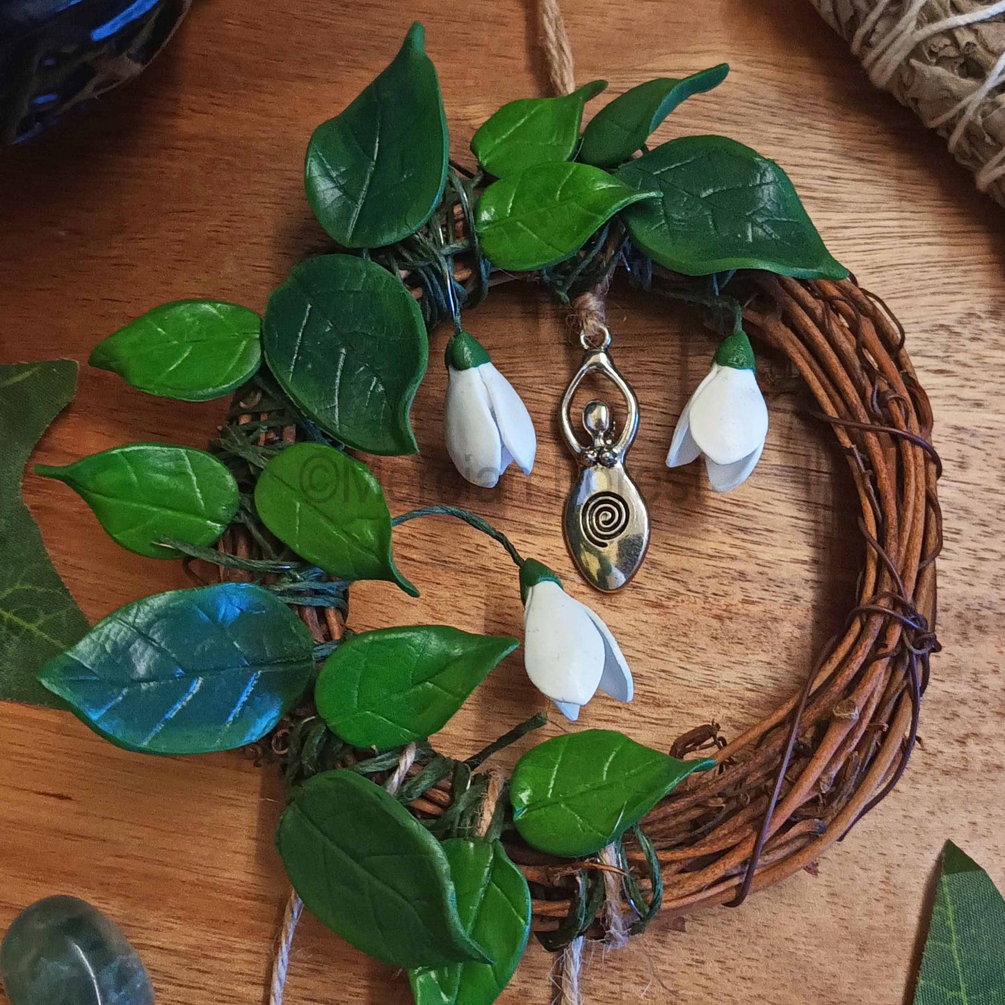 Imbolc Snowdrop Wreath Wall Hanging with Witch Bells - Choice of Charm