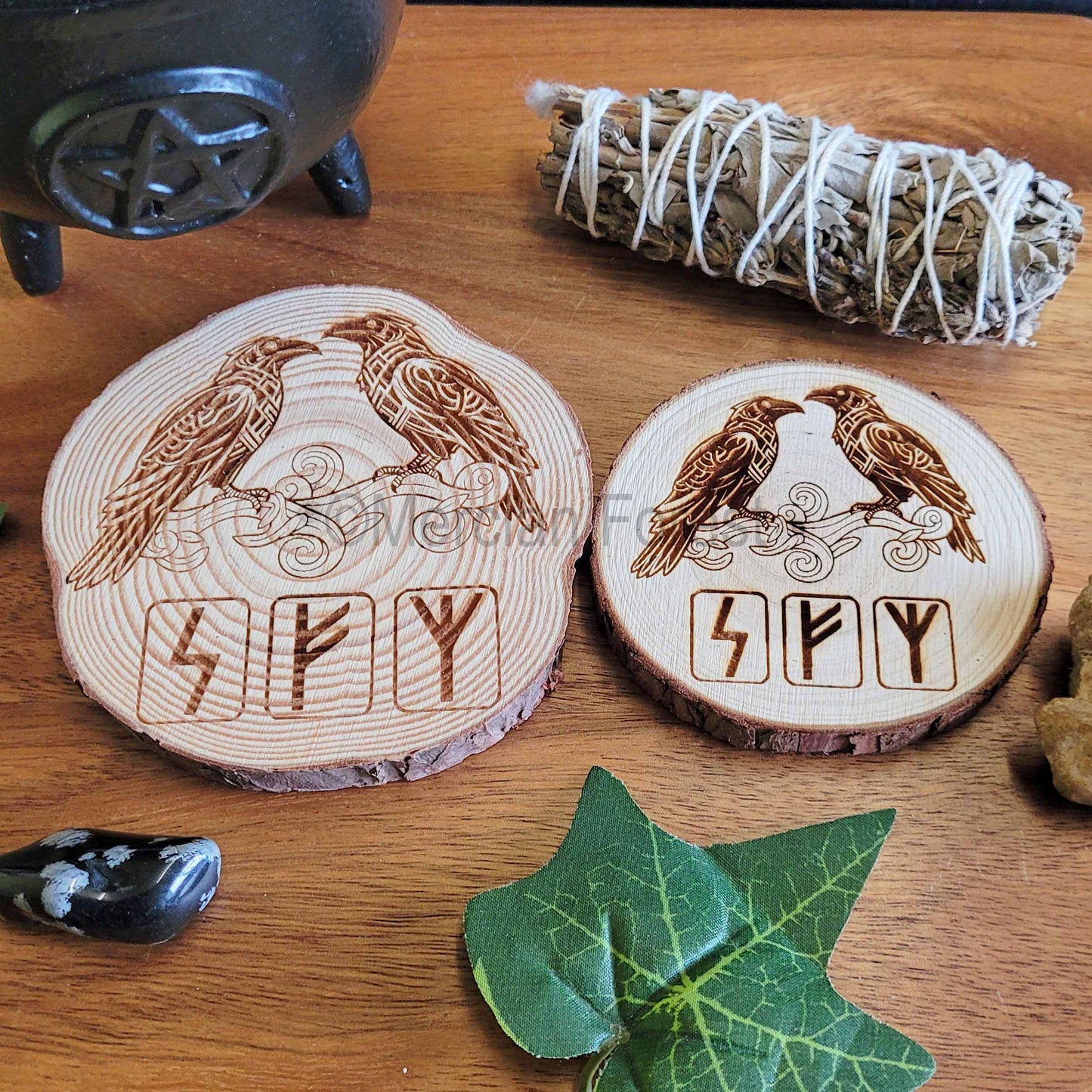 Norse Ravens with Runes Wooden Altar Tile