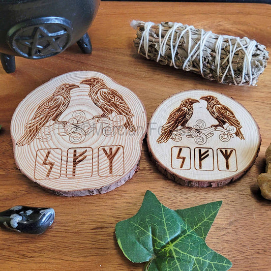 Norse Ravens with Runes Wooden Altar Tile