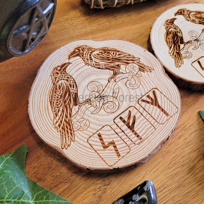 Norse Ravens with Runes Wooden Altar Tile