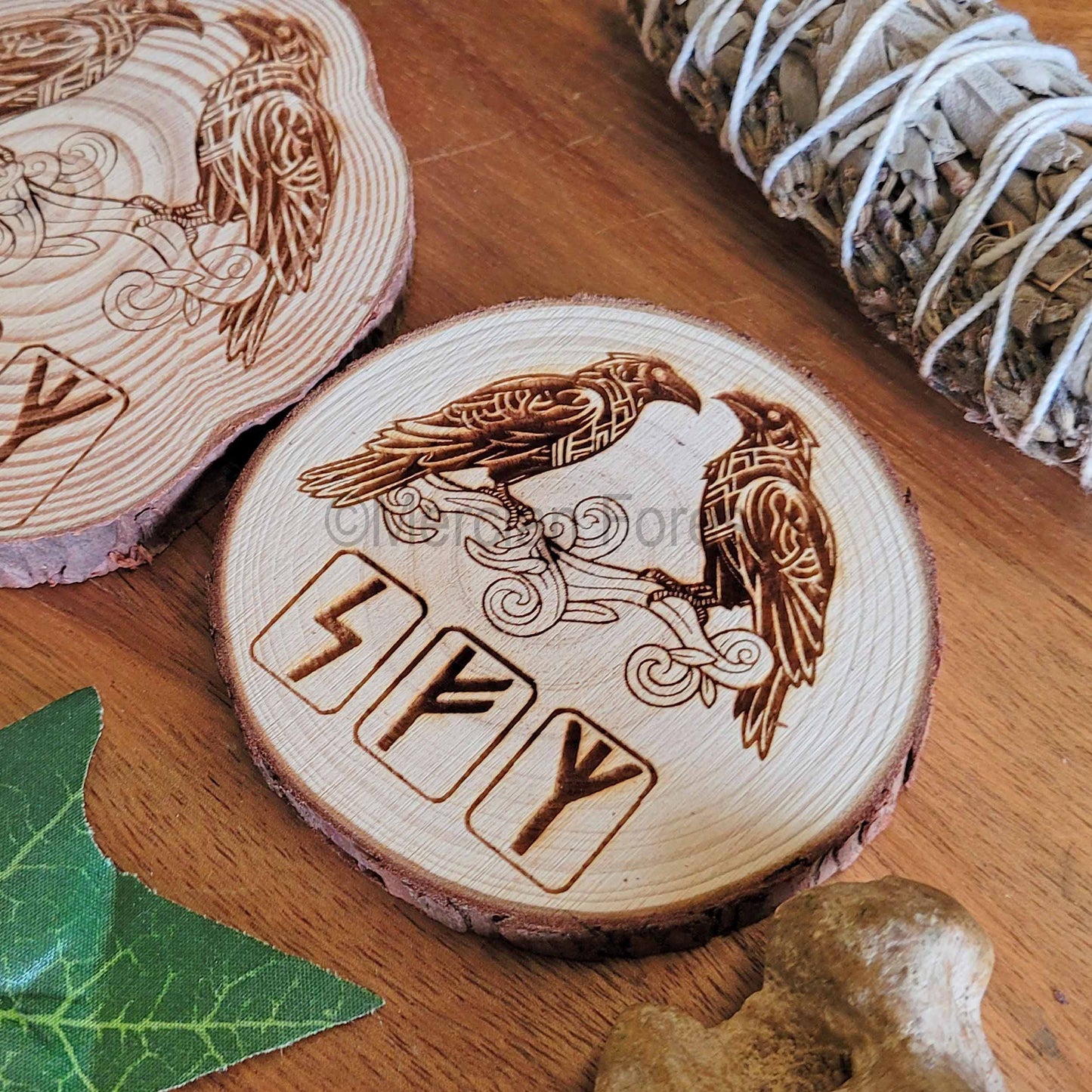 Norse Ravens with Runes Wooden Altar Tile