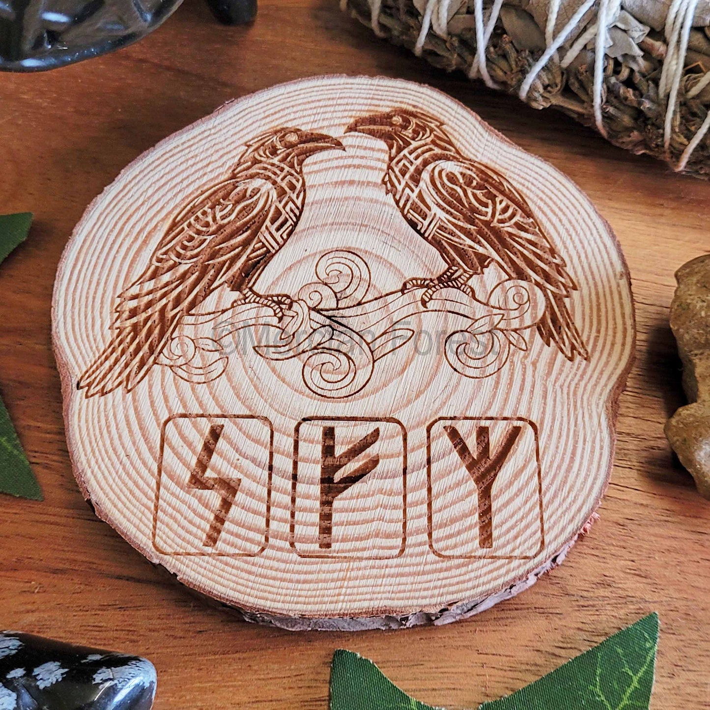 Norse Ravens with Runes Wooden Altar Tile