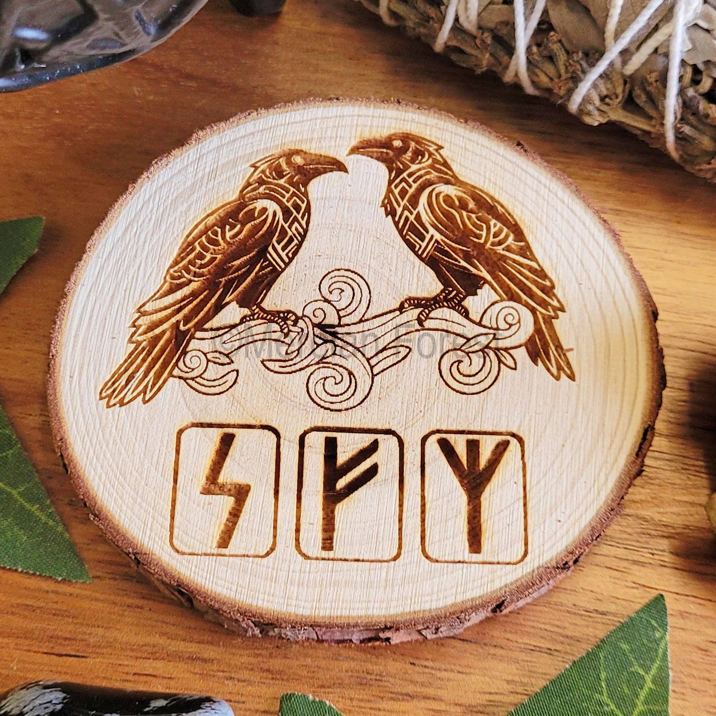 Norse Ravens with Runes Wooden Altar Tile