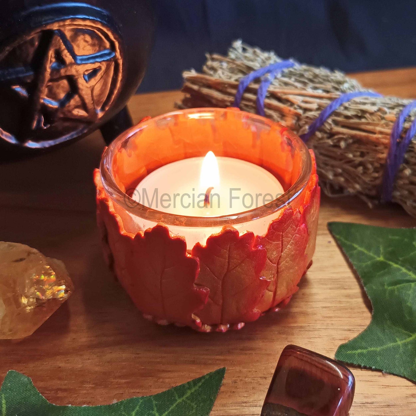 Oak Leaf Altar Candle Tealight Holder in Autumnal Colours