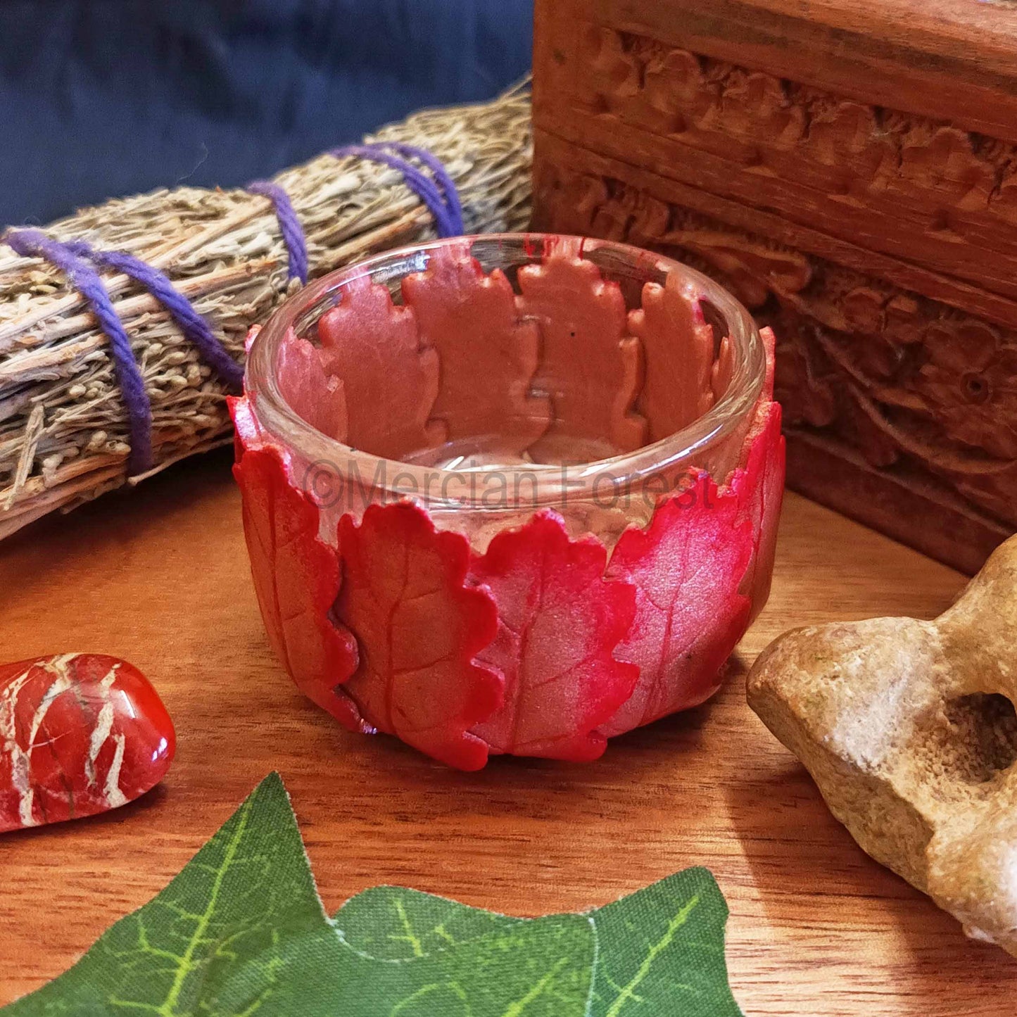 Oak Leaf Altar Candle Tealight Holder in Rosey Autumnal Colours