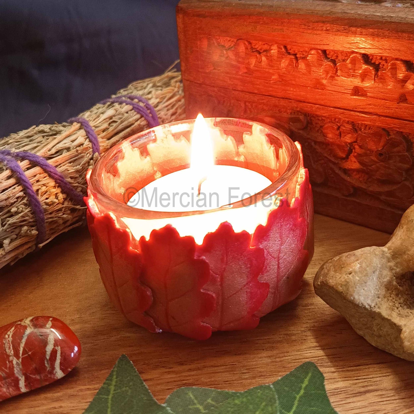 Oak Leaf Altar Candle Tealight Holder in Rosey Autumnal Colours