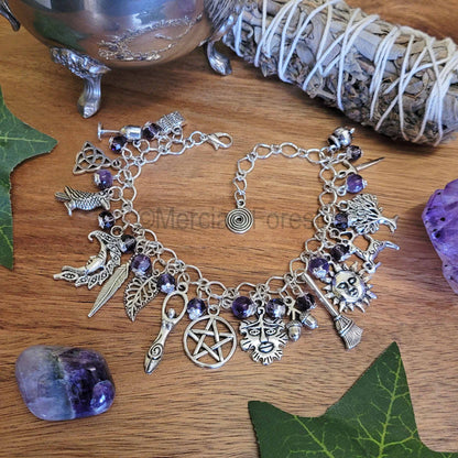 Pagan Ways Charm Bracelet with Amethyst and Glass Crystal