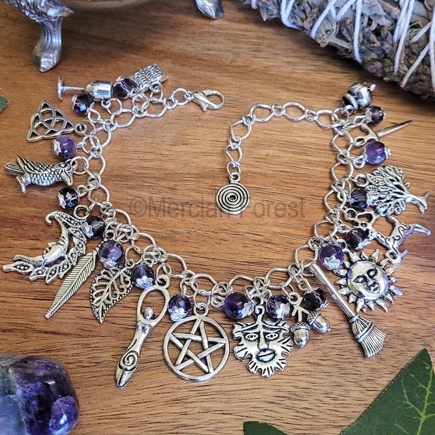 Pagan Ways Charm Bracelet with Amethyst and Glass Crystal