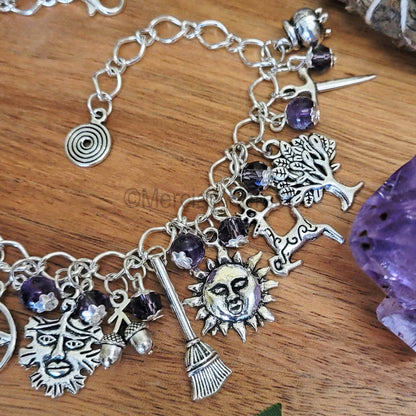 Pagan Ways Charm Bracelet with Amethyst and Glass Crystal