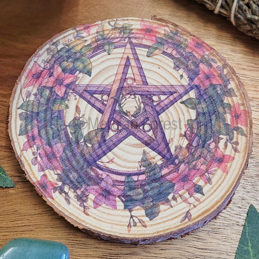 Floral Pentacle Pentagram Altar Tile Decoration with Pink Flowers