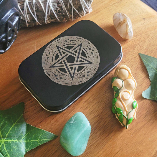 Pentacle engraved tin with Gaia Goddess