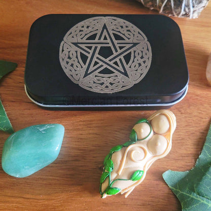 Pentacle engraved tin with Gaia Goddess