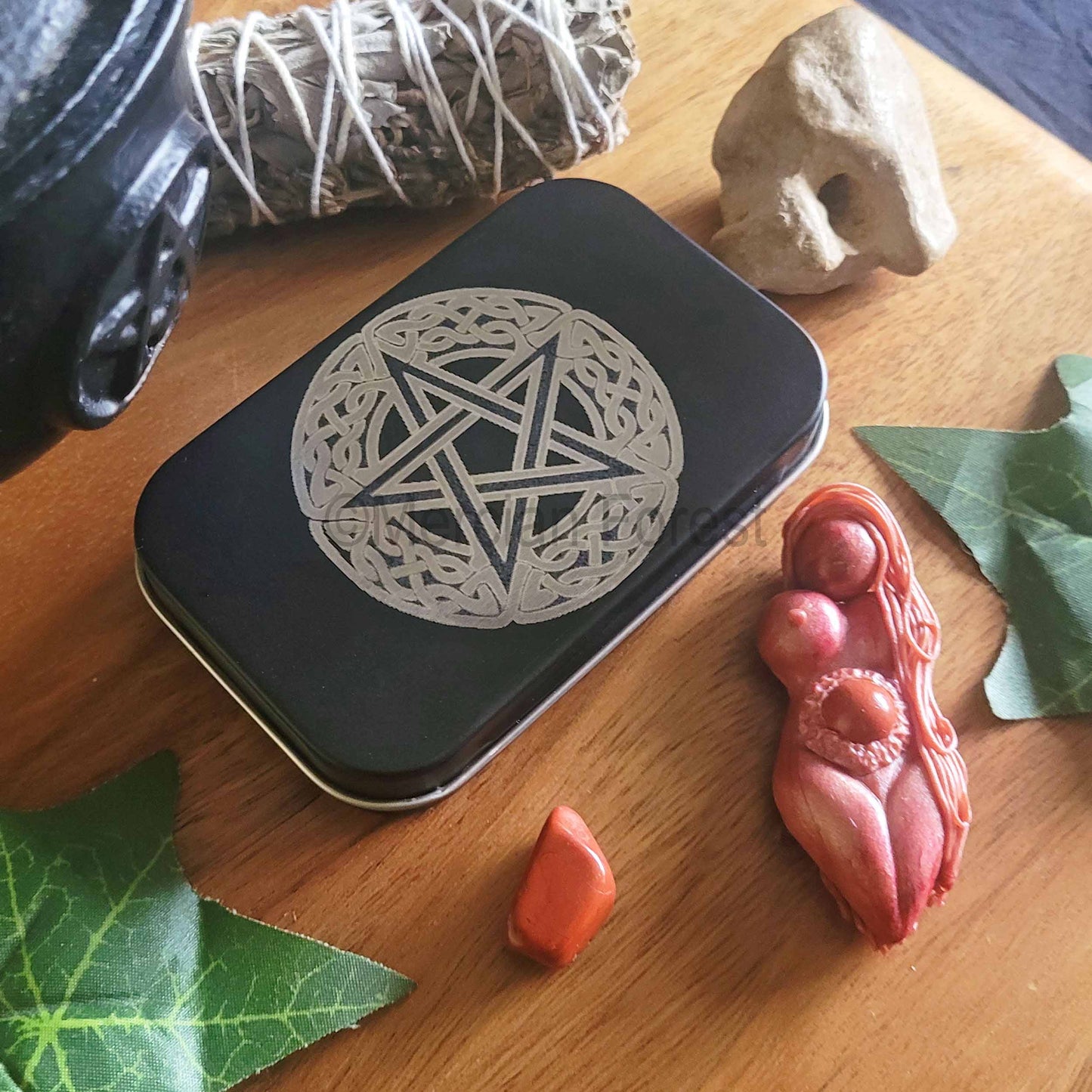 Pentacle engraved tin with Tranquillity Goddess