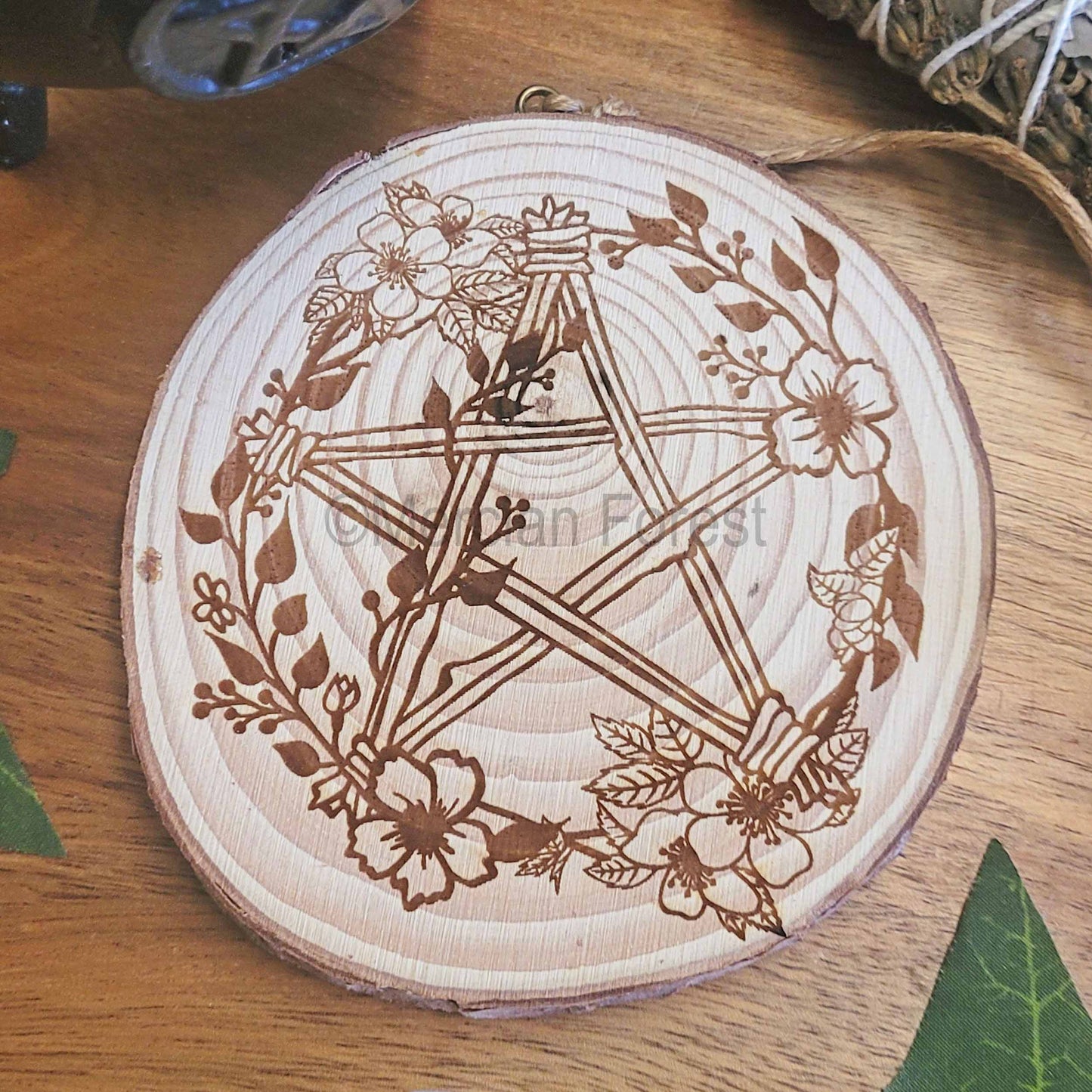 Pentacle Pentagram Wooden Floral Wall Hanging