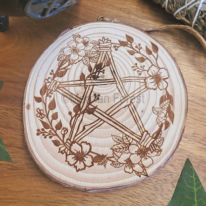 Pentacle Pentagram Wooden Floral Wall Hanging