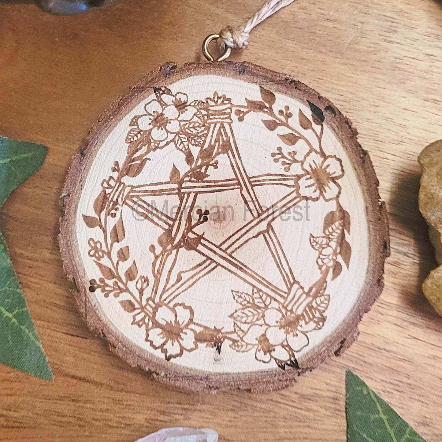 Pentacle Pentagram Wooden Floral Wall Hanging