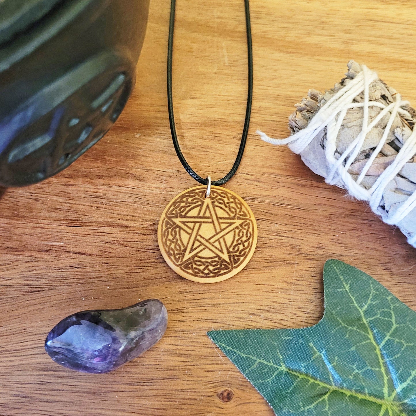 Pentacle Pendant Necklace on Black Cord, Pagan Jewellery for Wiccan, Witch or Druid